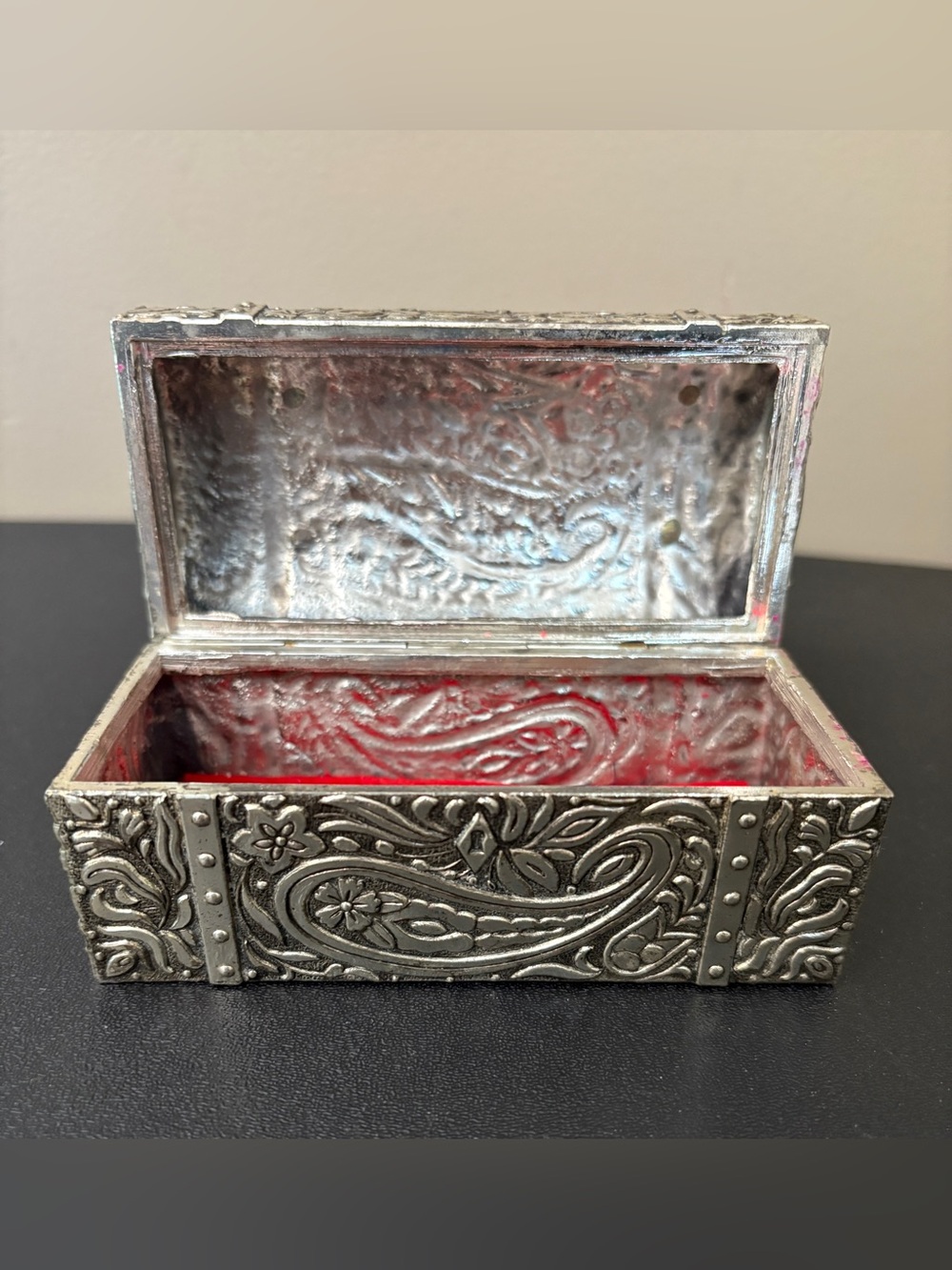 Decorative Silver-Tone Paisley Trinket Box with Red Interior